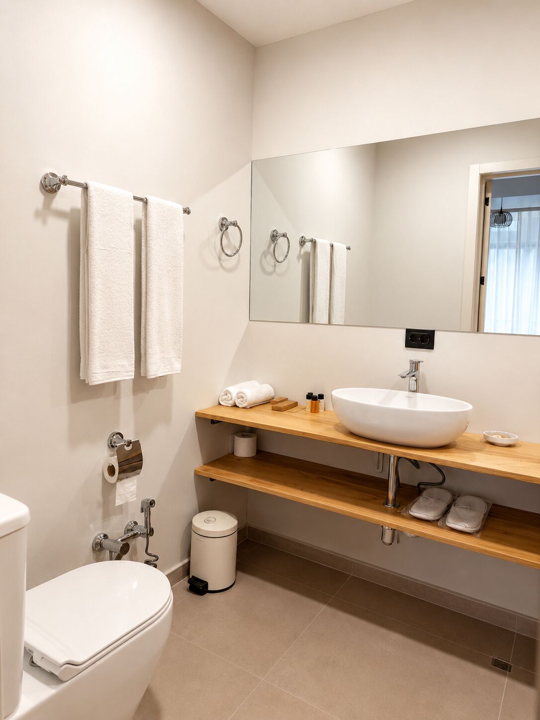 Une salle de bain moderne avec des toilettes blanches, un grand miroir, un meuble-lavabo en bois avec un évier blanc et une petite poubelle.