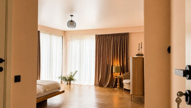 A hotel room with a bed, a desk, a lamp, and a plant. - The Green O (Oni)