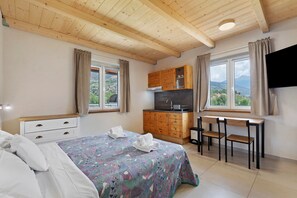 A bedroom with a bed, a desk, and a kitchenette.