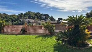 Un jardín con muro de ladrillo, una palmera y vistas a un pueblo al fondo.