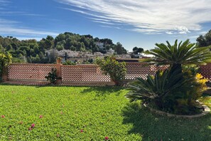 Ein Garten mit einer Ziegelmauer, einer Palme und Blick auf eine Stadt im Hintergrund.