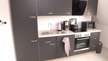 Coffee/tea maker, fridge, microwave, oven