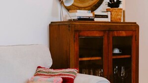 Una habitación con un sofá, un mueble de madera con puertas de vidrio y un cojín estampado.