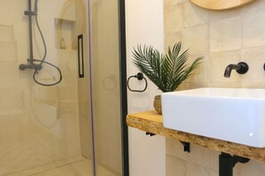 Casa de banho com cabine de chuveiro em vidro, lavatório branco sobre bancada de madeira e uma planta em vaso.
