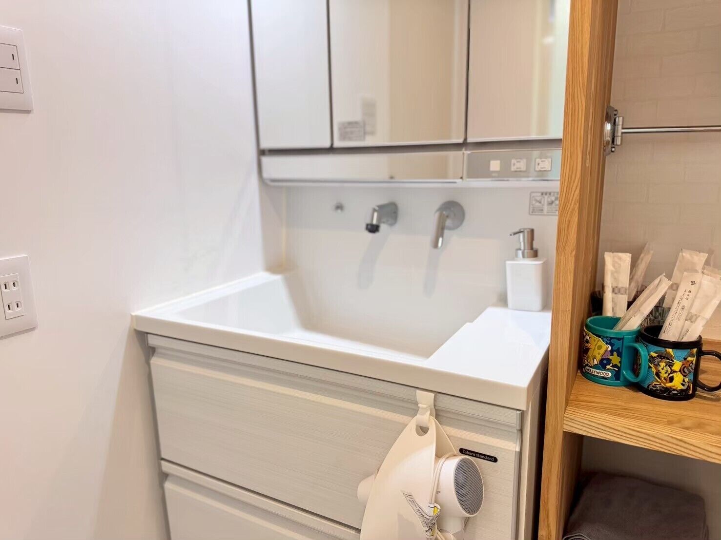 Een badkamer met een wit wastafel, een spiegel en een handdoekhouder.
