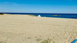 Una playa con una carpa y un cielo azul despejado.