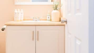 Hair dryer, towels, soap, toilet paper