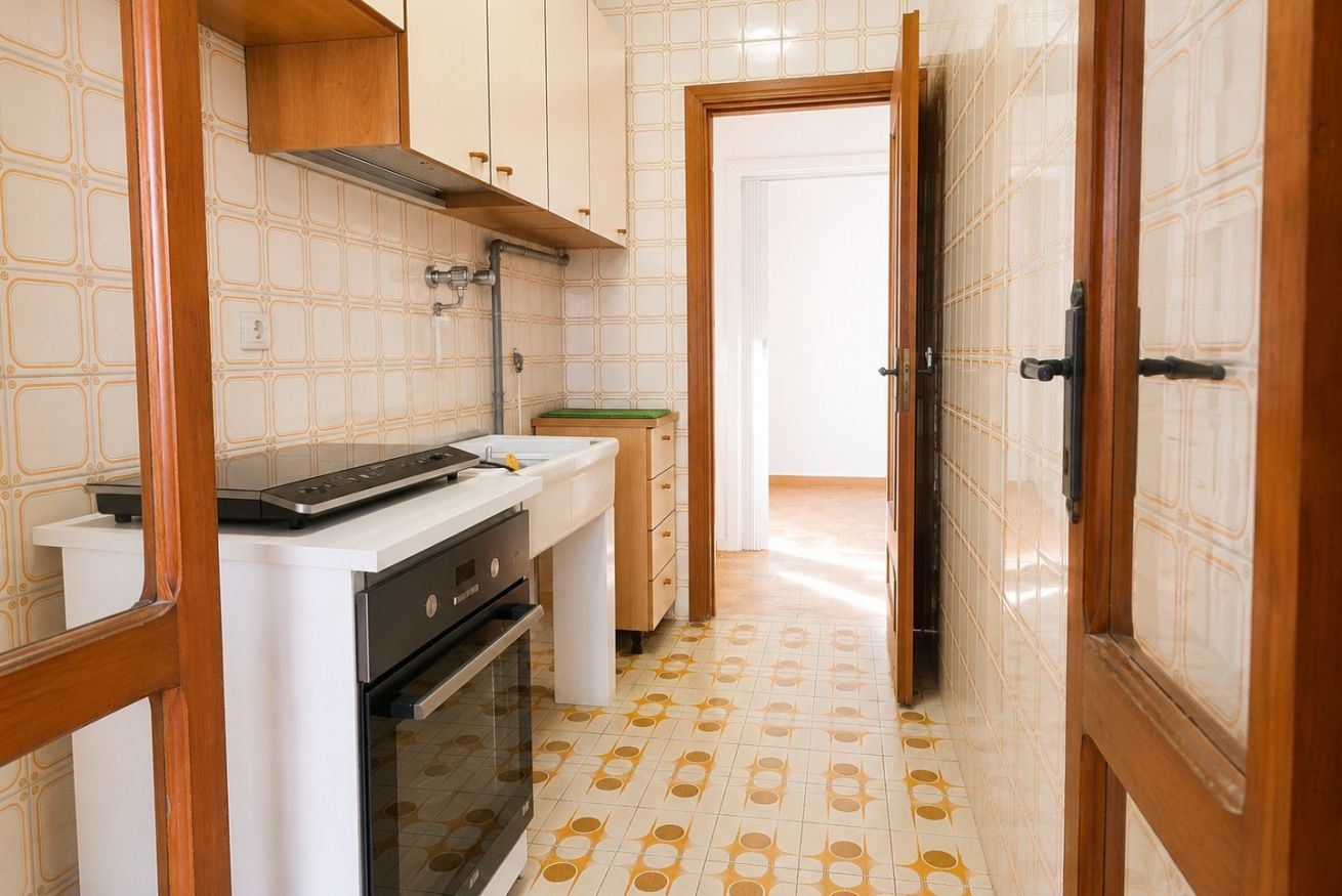 Une cuisine étroite avec des meubles blancs, un plan de travail et une cuisinière.