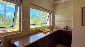 A kitchen with two windows, a sink, and a countertop. - The Hilltop Boosa (Boossa)