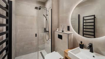 Hair dryer, towels, soap, shampoo