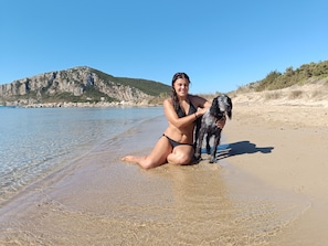 Una persona sentada en la playa con un perro, cerca de agua cristalina y un acantilado rocoso.