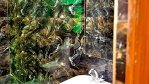 A bathroom with a marble wall, a sink, and a shower area. - Shivmurti Grand  (Haridwar)