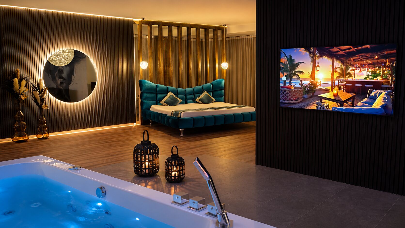 A modern bathroom with a bathtub, a sofa, and a television screen displaying a beach scene.