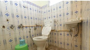 A bathroom with a toilet, a green water heater, and a sink. - Mistora Valley (Ooty)
