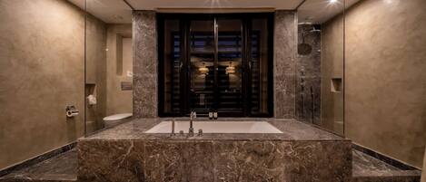 A modern bathroom with a large marble sink, a glass-enclosed shower, and a mirror above the sink.