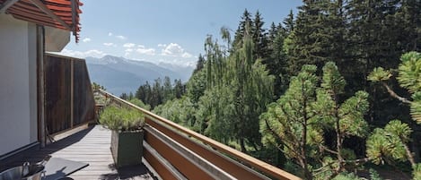 Ein Balkon mit Holzwertkasten, Tisch und Stuhl mit Blick auf eine bewaldete Landschaft und Berge in der Ferne.