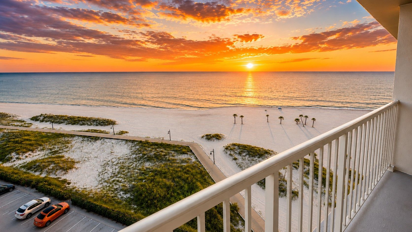 Een balkon met uitzicht op een strand bij zonsondergang, een parkeerplaats met auto's en een zanderig landschap met palmbomen.