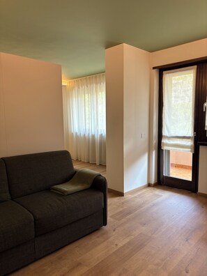 A room with a dark-colored sofa, a wooden floor, a window with sheer curtains, and a door with a frosted glass panel. - Nido di Rondine Suite Apartments - ALBA (Nago-Torbole)
