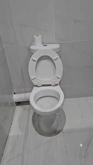 A toilet in a bathroom with a marble floor and walls.