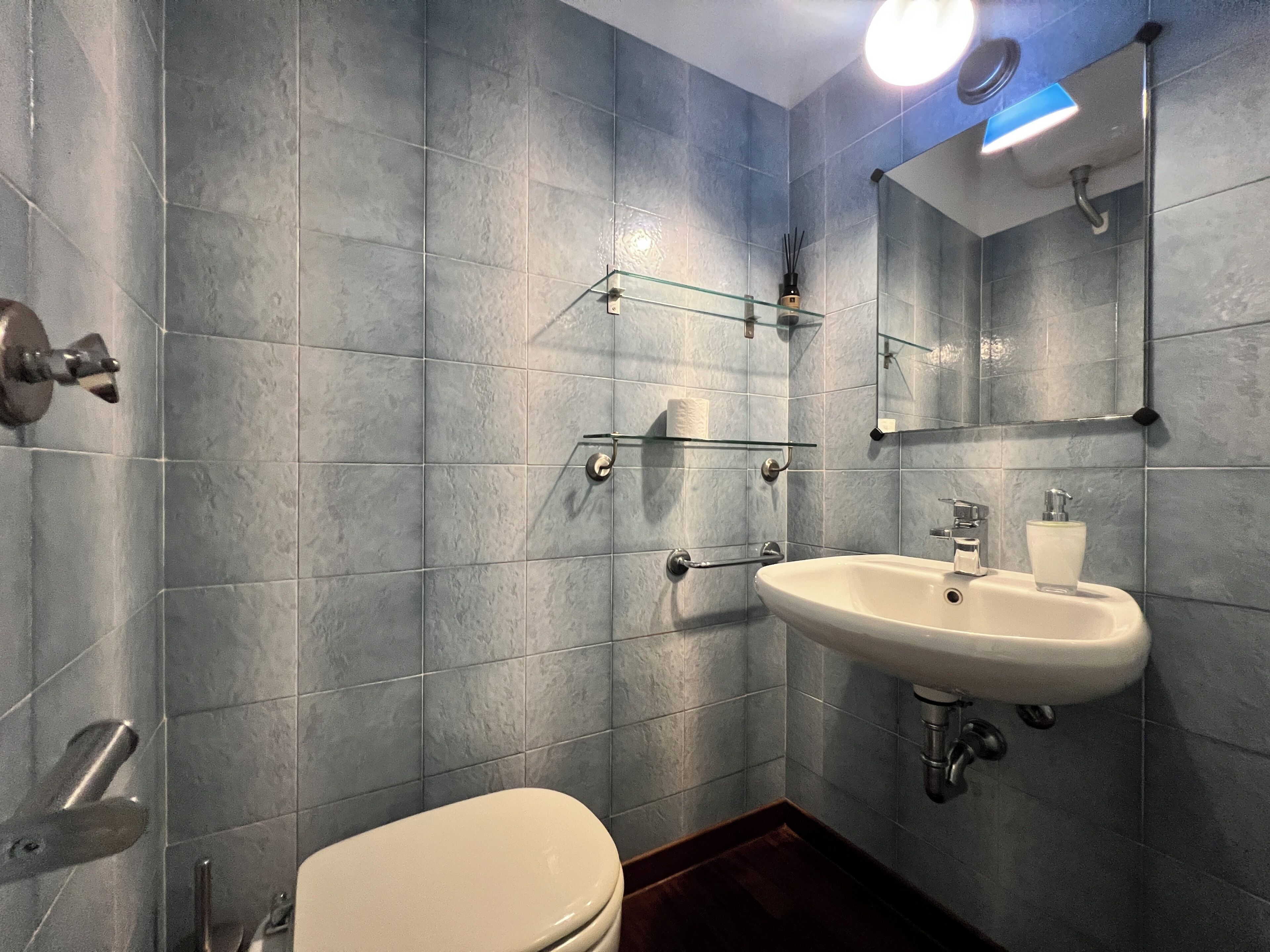 Ein Badezimmer mit Toilette, Waschbecken und Glastrennregalen.