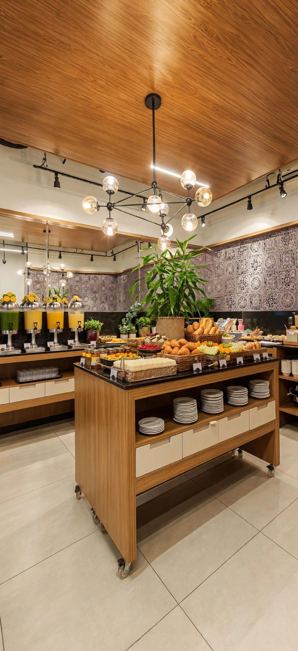 Un buffet proposant une grande variété de plats, agrémenté d’une plante centrale et d’un plafond décoré de luminaires suspendus.