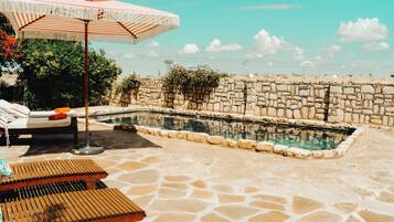 Outdoor pool, pool umbrellas, pool loungers