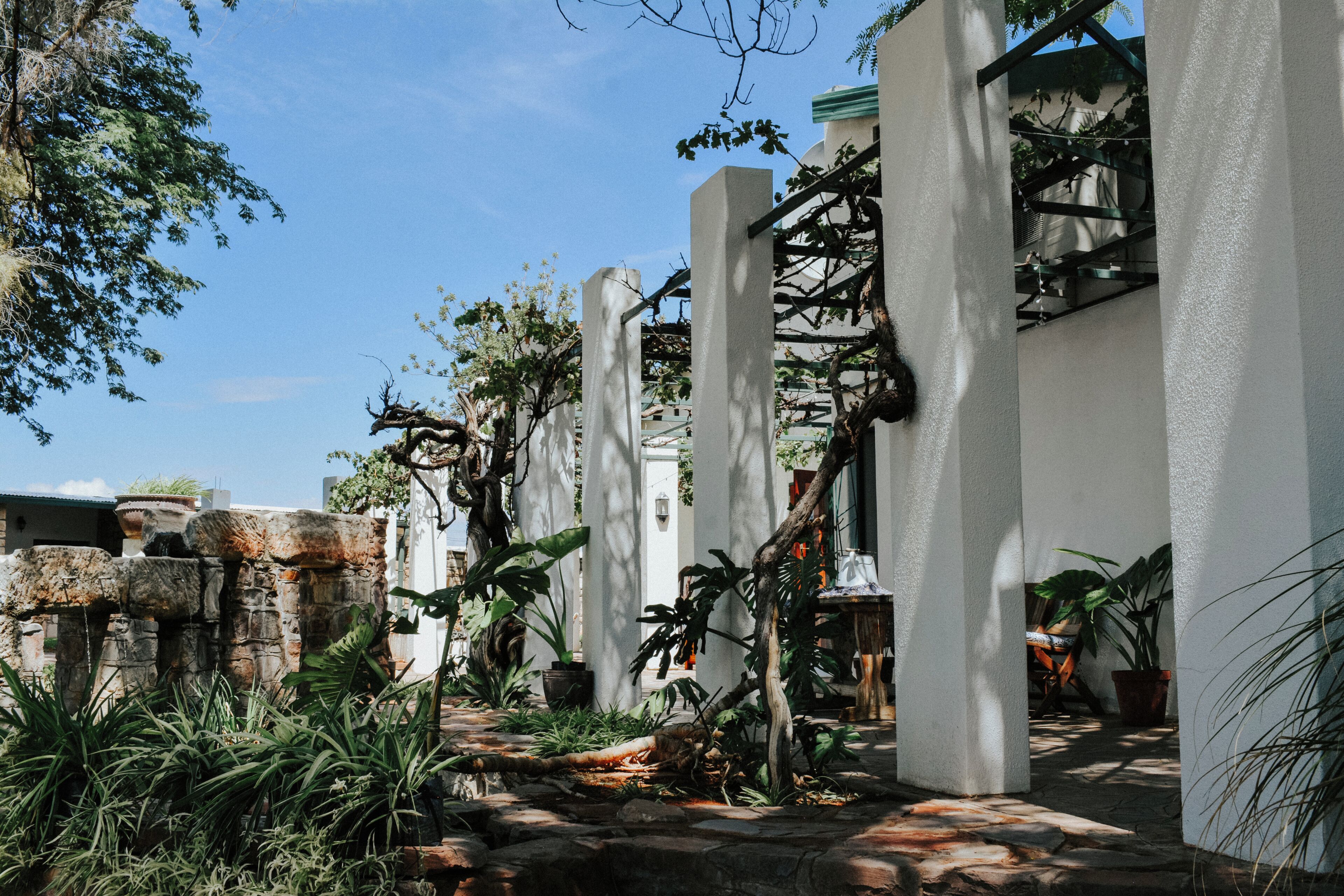 A courtyard with white columns, potted plants, and a stone pathway.
