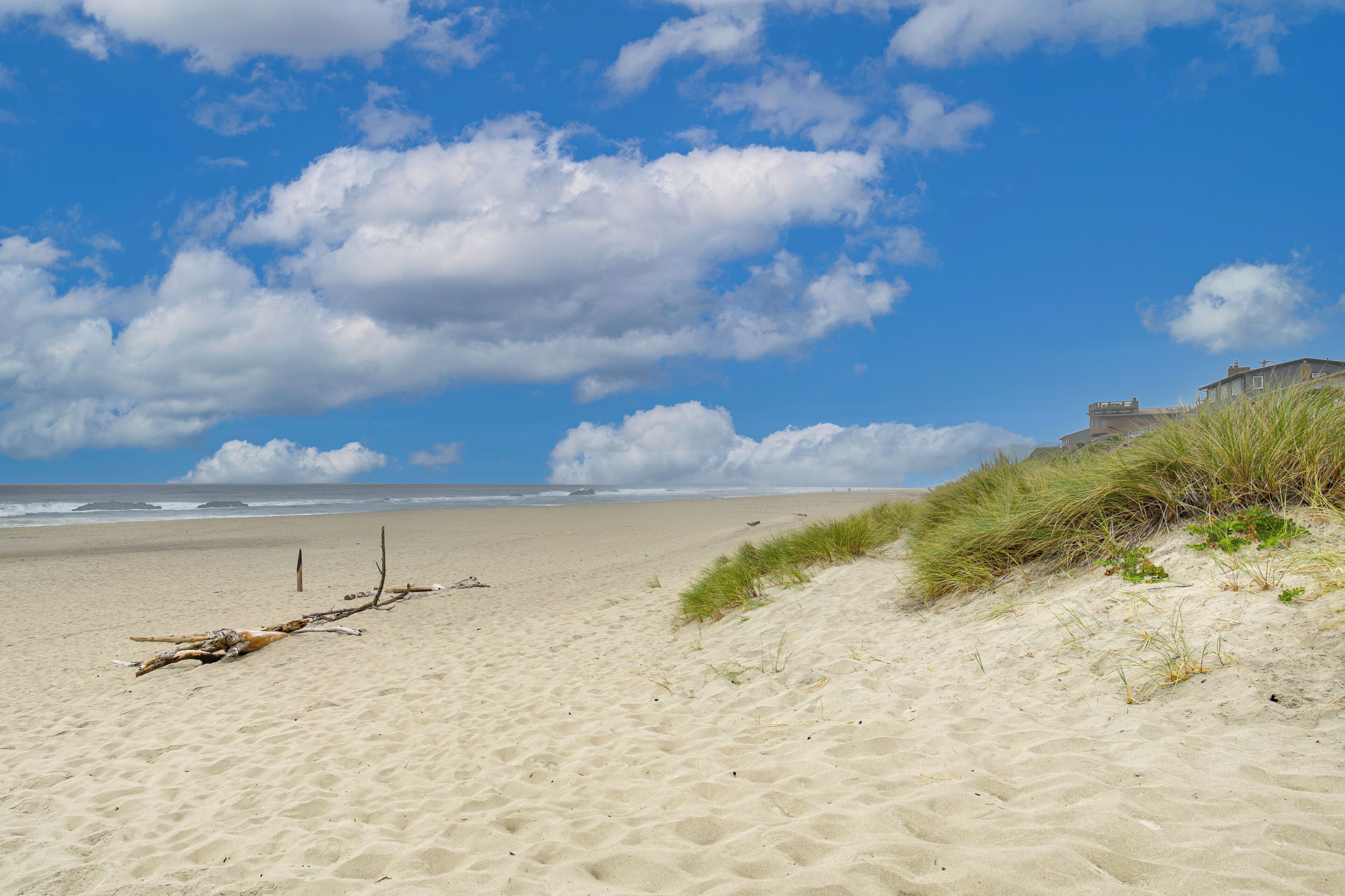 En strand med sanddyner, en trästolpe och en byggnad i fjärran.