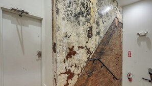 Een wenteltrap met een bakstenen muur en een witte deur.