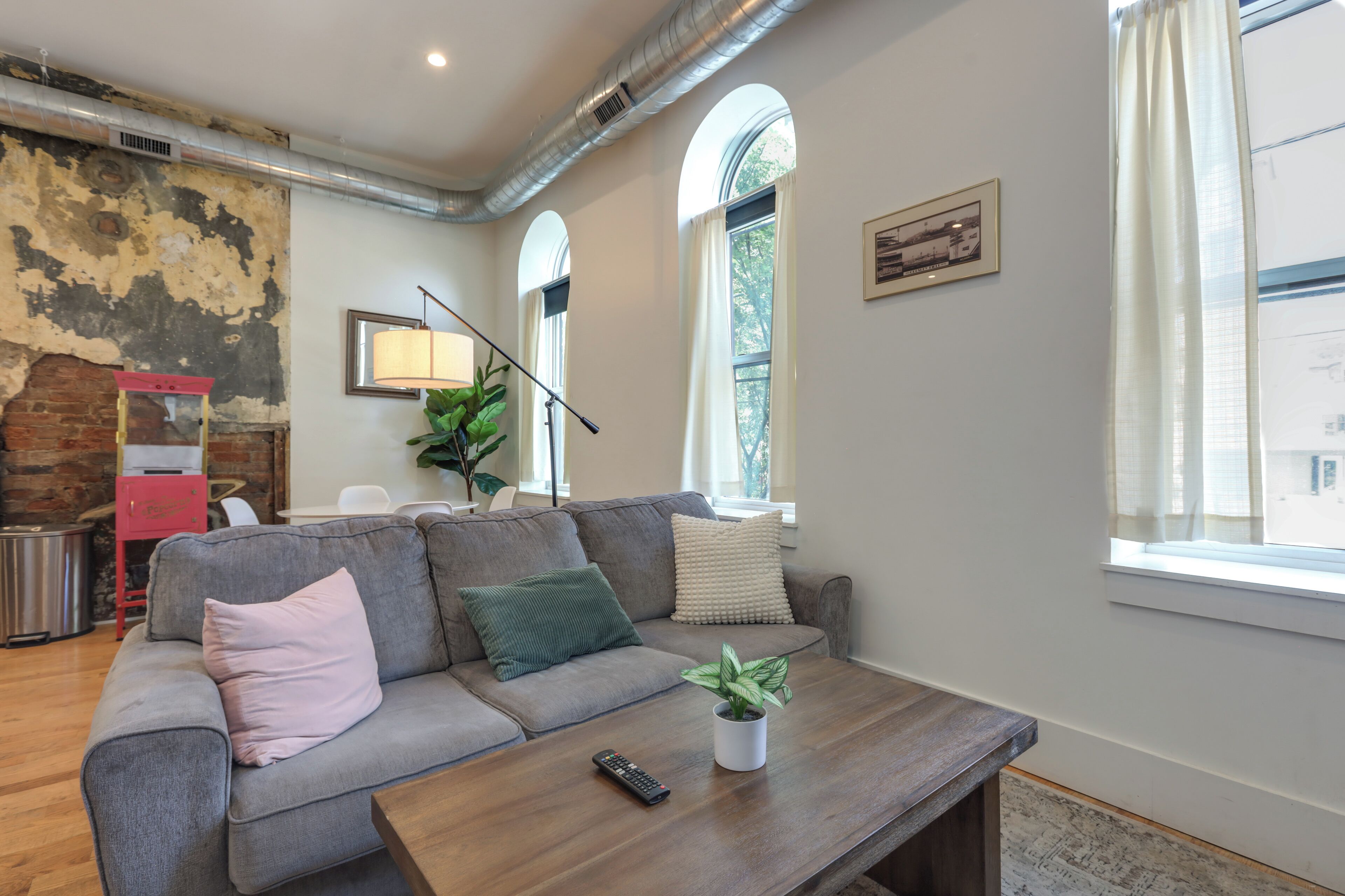 A modern living room with a grey sofa, a wooden coffee table, and a potted plant.