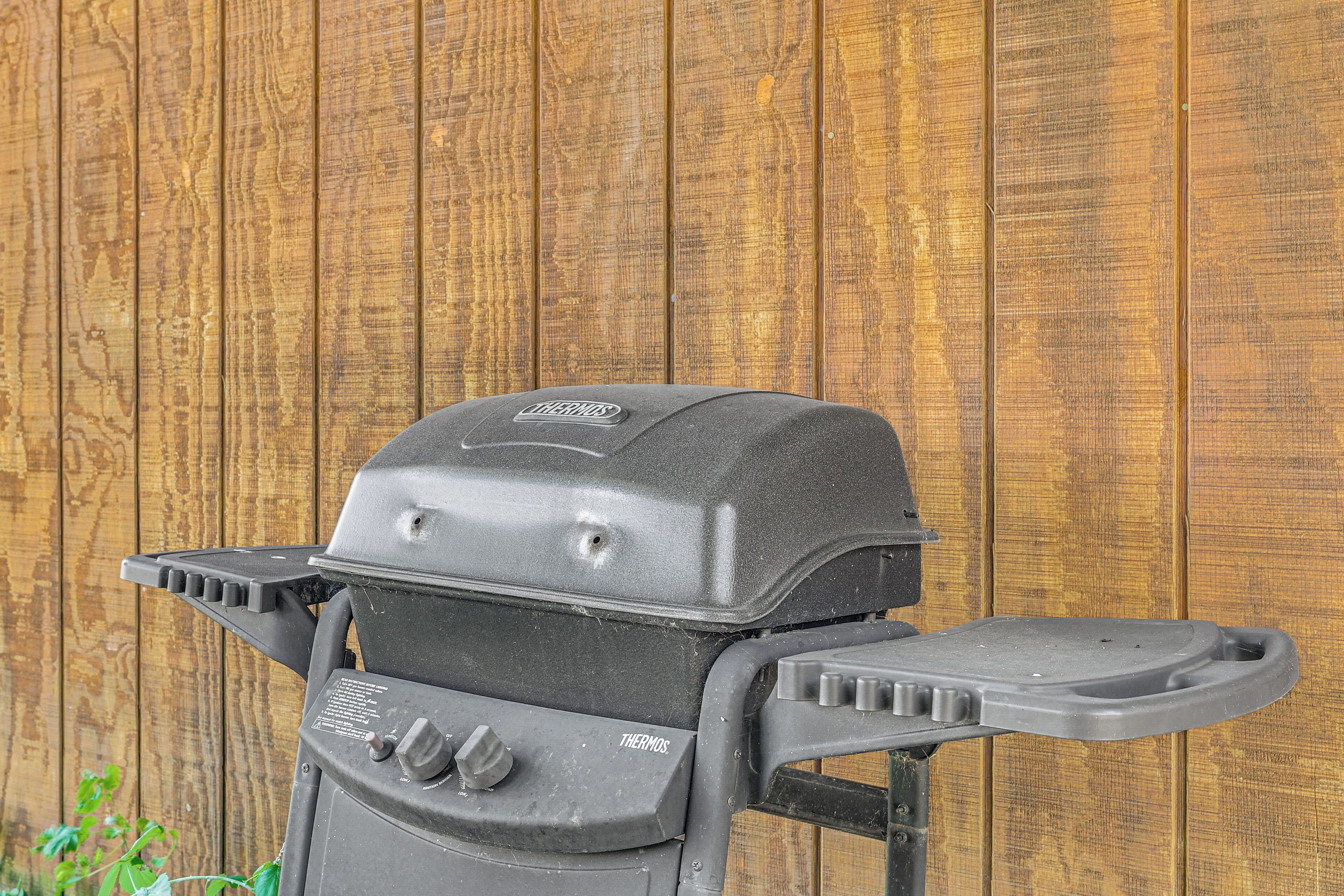 A black grill with a Thermos brand logo, control knobs, and a side handle.