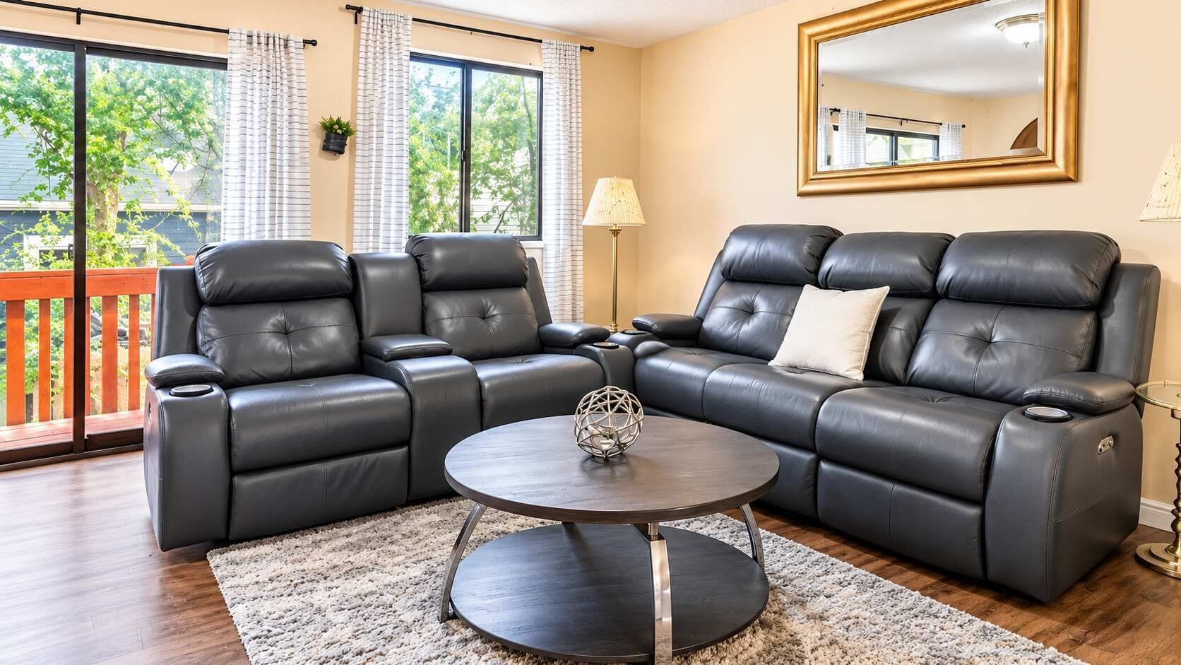 A modern living room with a sectional sofa, a round coffee table, and a large window with curtains.