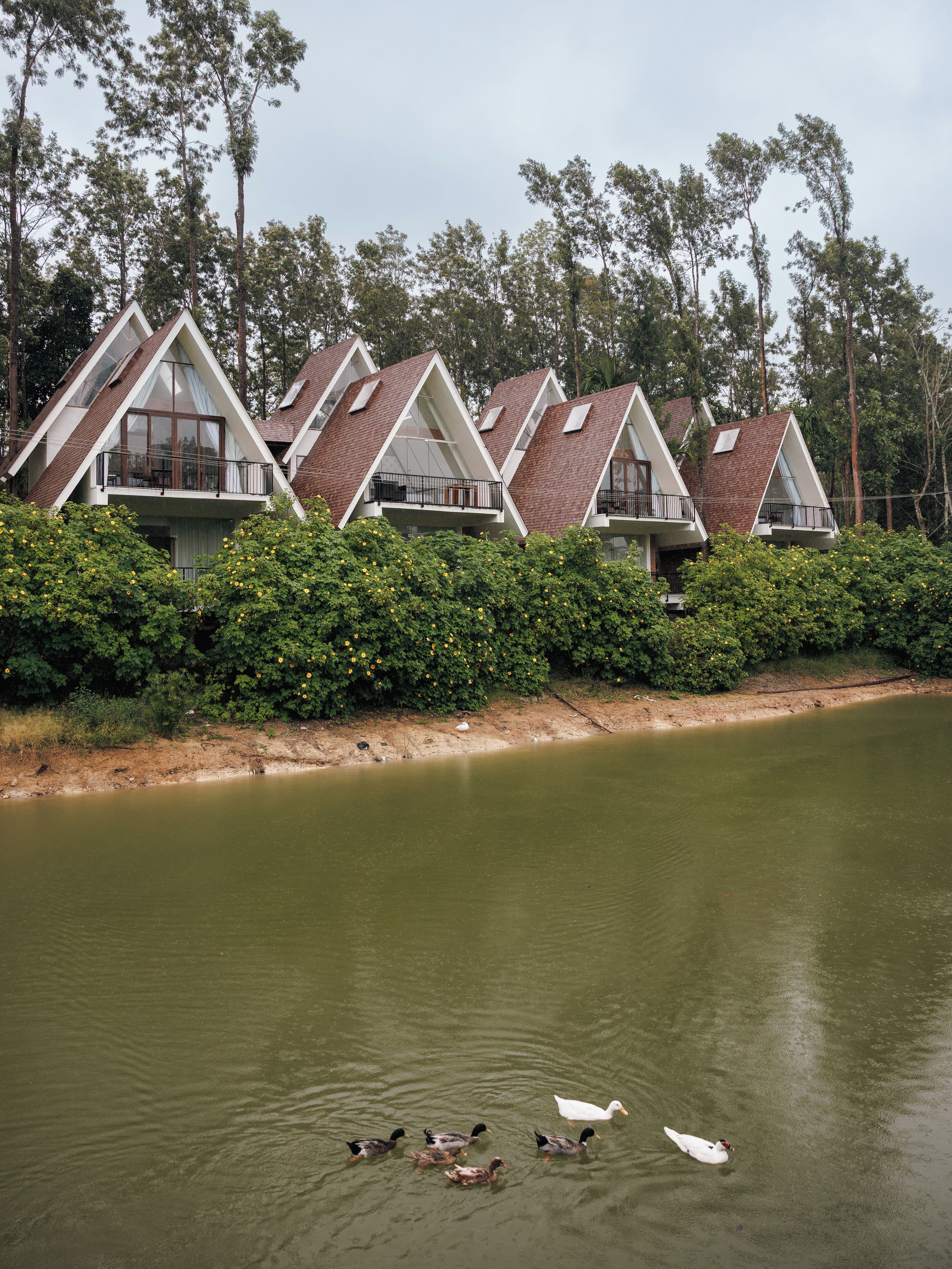 A row of triangular-roofed buildings with balconies, situated beside a calm body of water with ducks.