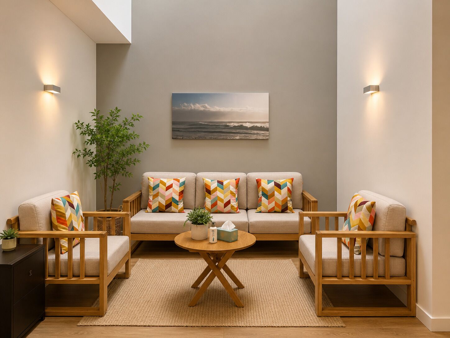 A cozy living room with a sofa set, a coffee table, and a painting on the wall.