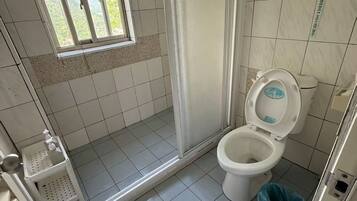 Een badkamer met toilet, douche en raam.