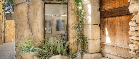 A stone building with a wooden door, a small shop entrance, and greenery growing around the base.