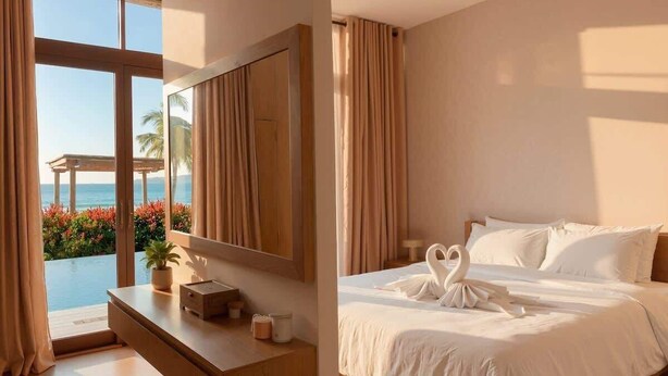 Ein Hotelzimmer mit einem Bett, einem Fernseher, einem Schreibtisch und Meerblick.