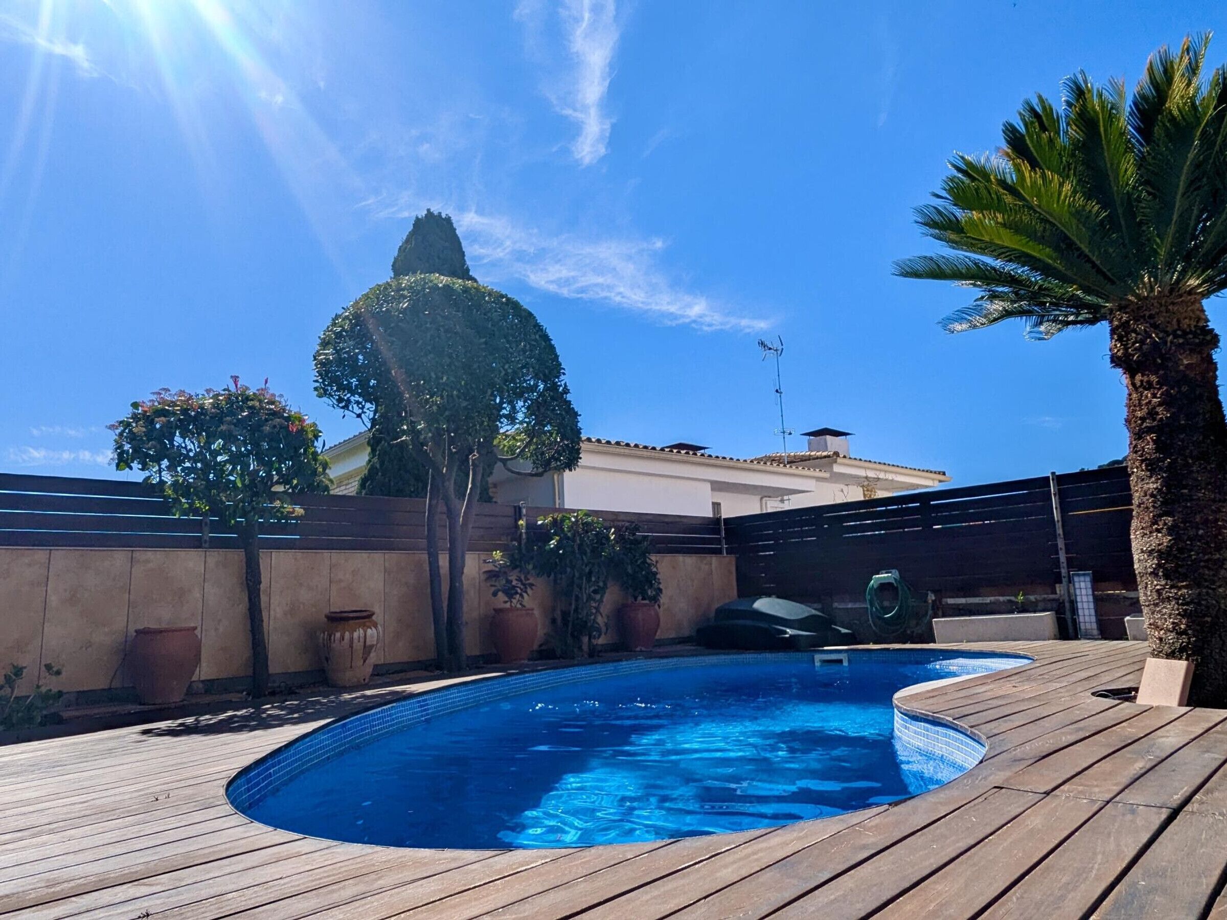 A swimming pool with a wooden deck, surrounded by a low wall and potted plants.