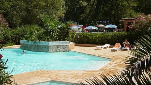 Piscina com borda de pedra, rodeada por vegetação exuberante e palmeiras.