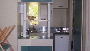 Una kitchenette compacta con un lavamanos, una hornilla pequeña y un refrigerador.