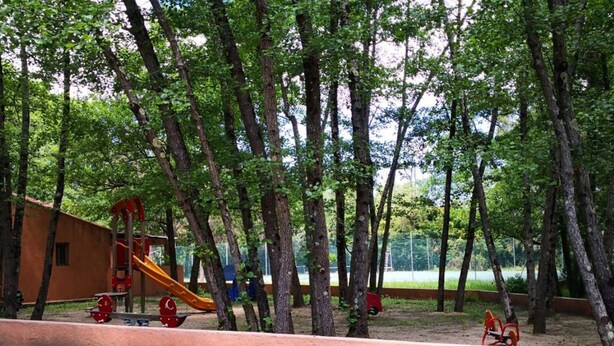 Un parque infantil con tobogán y columpios, rodeado de árboles.