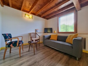 A room with a wooden ceiling, a grey sofa with yellow pillows, a blue floral chair, a wooden table with a cup, and a television on a shelf. - Welcoming gîte, pets allowed - 5 guests (Doizieux)