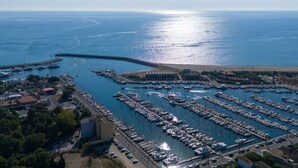 Vista aèria d'una marina amb nombrosos vaixells amarrats, un moll que s'endinsa a l'aigua i un cel serè.