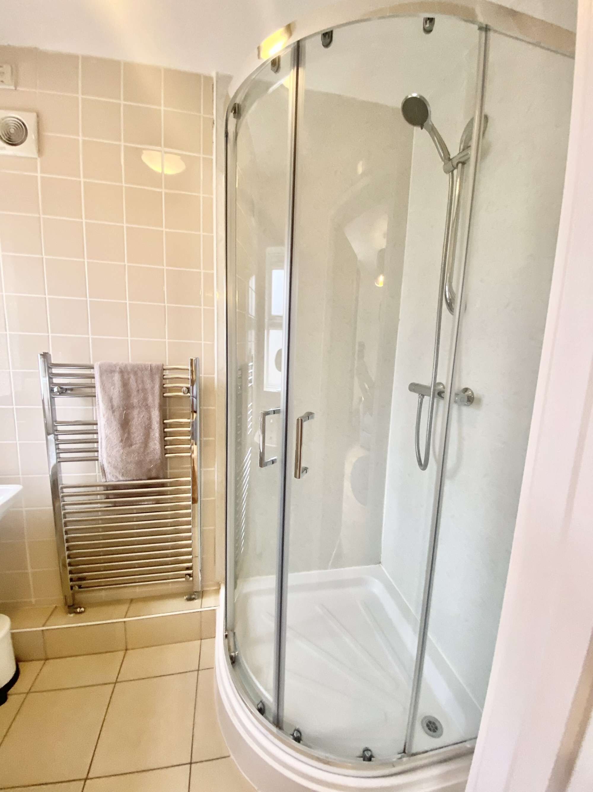 Shower, hair dryer, towels