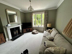 A living room with a fireplace, television, sofa, and large windows. - Springfield by NewFo dot  rest (Milford on Sea)