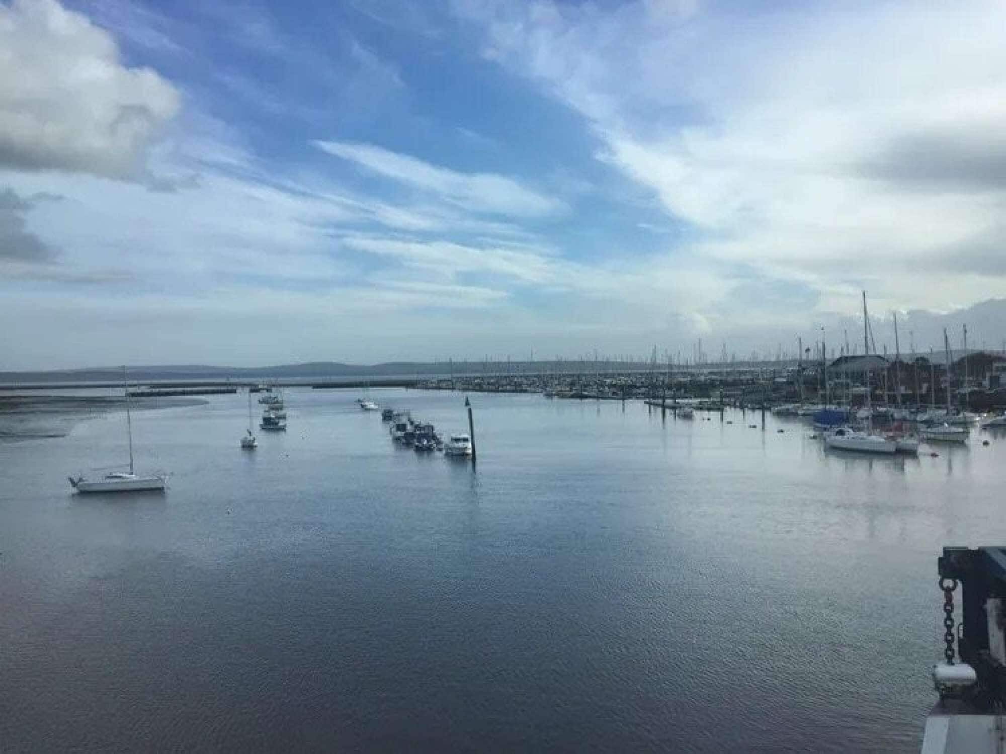 A marina with boats docked, calm water, and a clear sky.