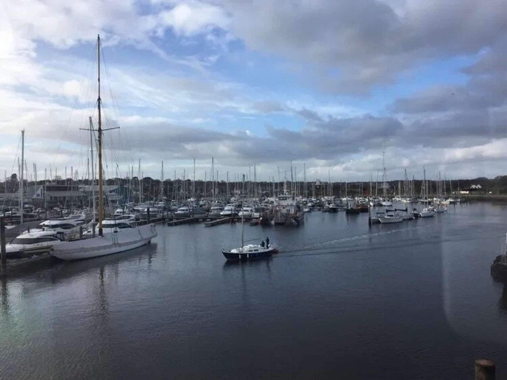 A marina with numerous boats docked, calm water, and a cloudy sky.