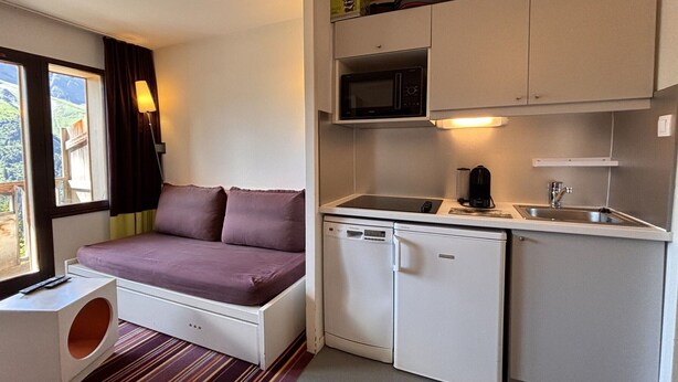 A compact room with a sofa bed, a microwave, a sink, and a compact dishwasher. - Studio cabin, mountain view - 4 guests (Avoriaz)