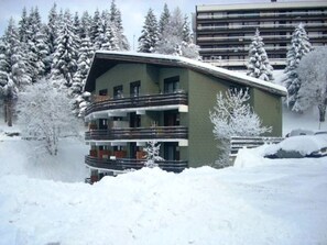 A multi-story building with balconies, surrounded by snow-covered trees. - Contemporary chalet apartment - 8 guests (Chamrousse)