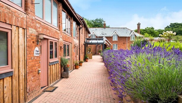 Un bâtiment en briques avec un étroit chemin pavé, une clôture en bois et une rangée de plantes en pot.